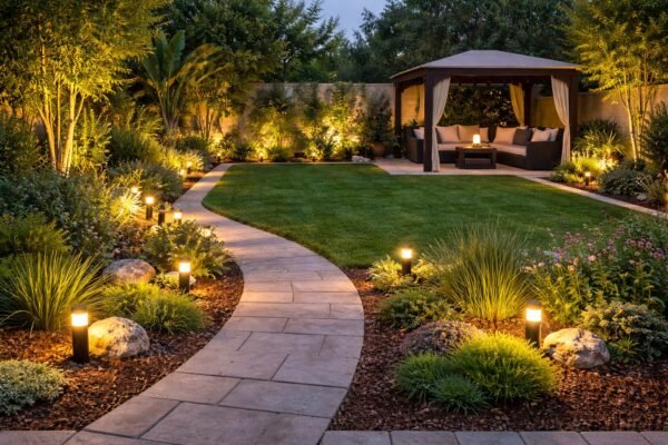 حديقة بإضاءة ليلية متدرجة مع ممر جانبي وجلسة خارجية دافئة