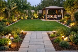 حديقة منزلية مقسّمة بمدخل وممر حجري وثيل واسع وجلسة مظللة