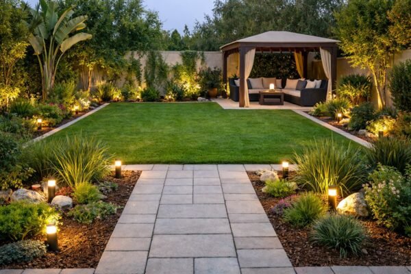 حديقة منزلية مقسّمة بمدخل وممر حجري وثيل واسع وجلسة مظللة