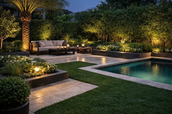 حديقة فيلا فاخرة مع مسبح صغير وإضاءة هادئة