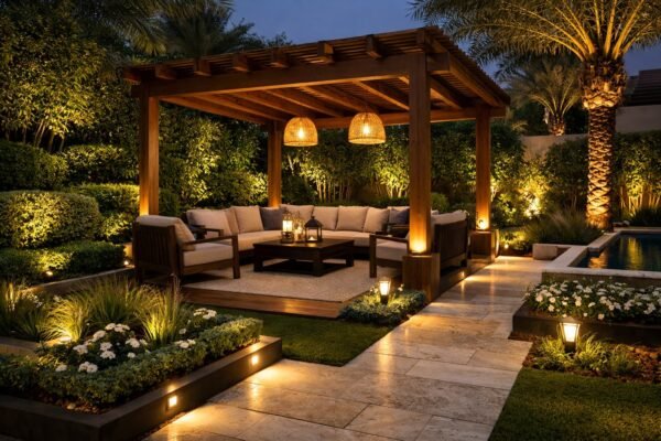 جلسة خارجية فاخرة بخصوصية نباتية وإضاءة دافئة