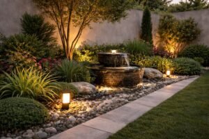 ركن ديكوري في حديقة كويتية بنافورة