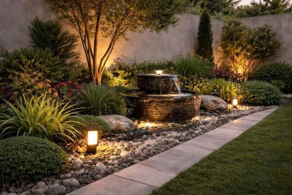 ركن ديكوري في حديقة كويتية بنافورة