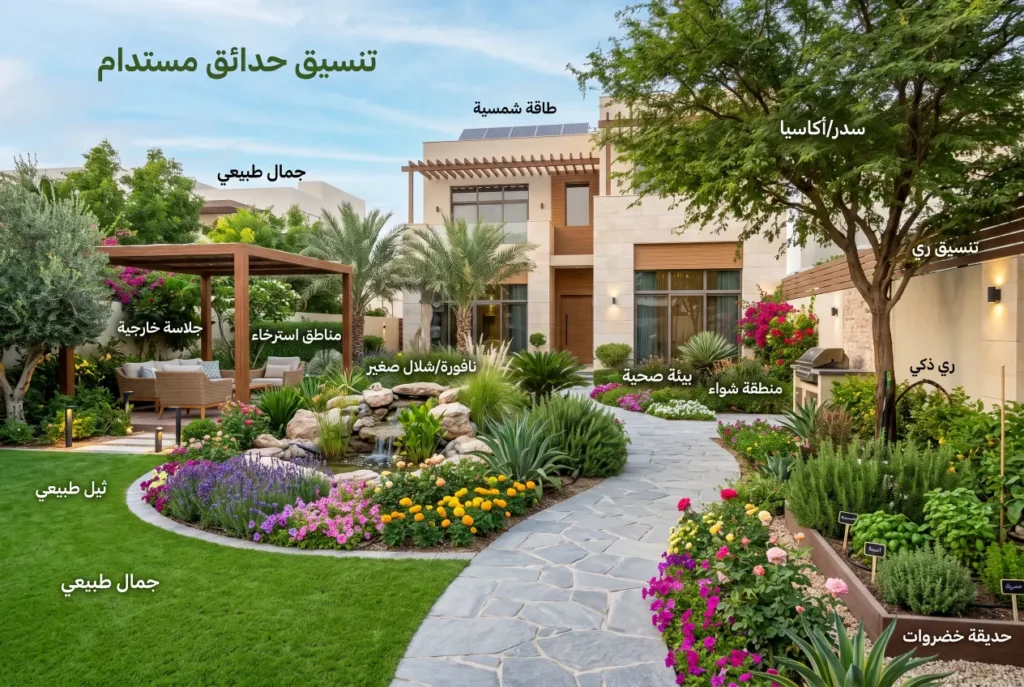 تصميم لاندسكيب حديث لحديقة منزلية يوضح مميزات تنسيق الحدائق مع نصوص توضيحية