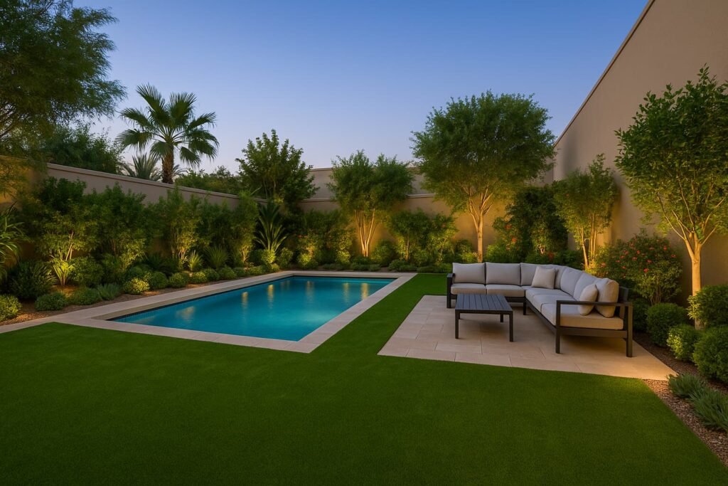 تنسيق حدائق حولى حديقة منزلية بثيل صناعي ومسبح كبير