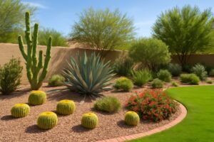 حديقة تظهر النباتات المناسبة للمناخ الكويتي داخل حديقة منسقة جميلة