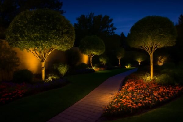 حديقة مزودة بأنظمة إضاءة جميلة تكشف عن الجمال في المساء.