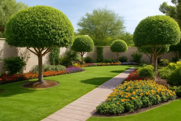 حديقة مصممة حديثًا مع تقليم الأشجار بشكل متقن
