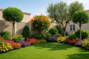 حديقة منزلية في الفروانية مع نباتات مزدهرة وأشجار مُهذّبة وألوان مشرقة
