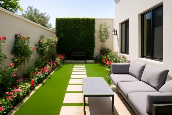 حديقة منزلية في الفروانية مع ممرات ونباتات مزهرة وجلسة جلوس مريحة
