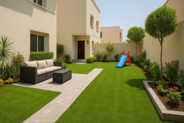 حديقة منزلية أفقية مقسمة لجلسة خارجية ومساحة لعب وممر