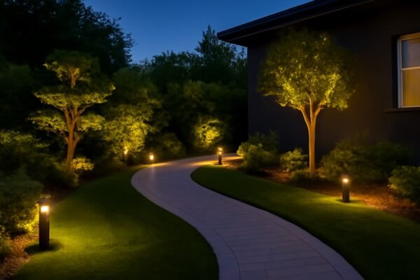 حديقة منزلية في الفروانية مزودة بإضاءة ليلية ساحرة مع مسارات مضيئة وأشجار مزخرفة بأضواء خافتة