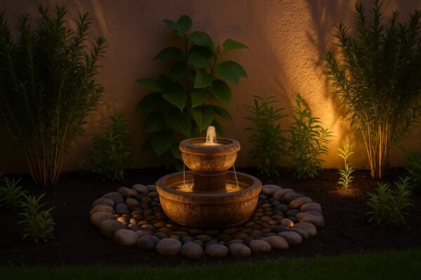 نافورة حجرية مضاءة في حديقة بحولي