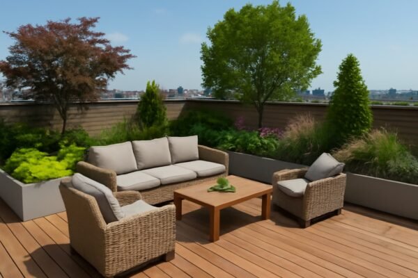 تراس فوق السطح مزين بأثاث خارجي ونباتات متنوعة