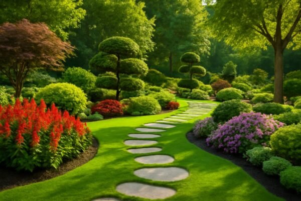 حديقة جميلة ومنظمة مع مسار حجري وحدائق خضراء