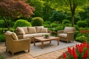 جلسات خارجية جميلة داخل حديقة مزينة بالنباتات