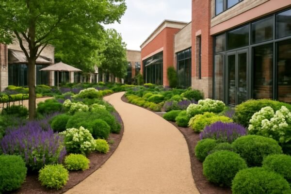 حديقة تجارية مزينة بممرات حجرية ونباتات ملونة
