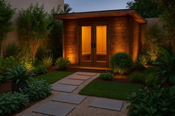 كوخ خشبي مضاء داخل حديقة