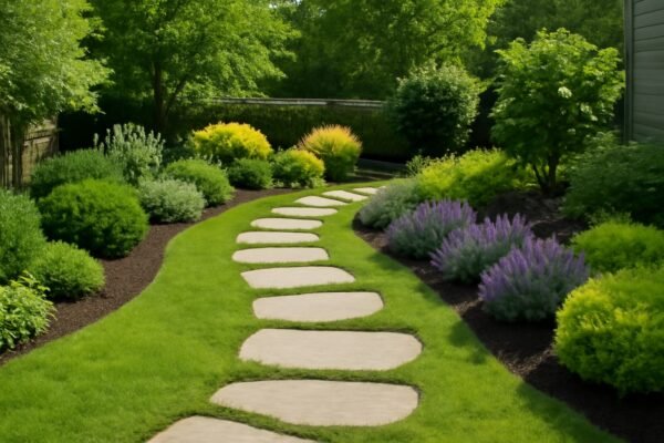 ممرات حجرية داخل حديقة منزلية مع توزيع نباتات متوازن