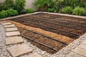 حديقة كويتية قيد التجهيز بطبقات تربة وشبكة ري بالتنقيط