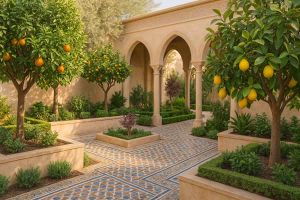 حديقة أندلسية تضم أشجارًا مثمرة تعزز الطابع التراثي والجمالي