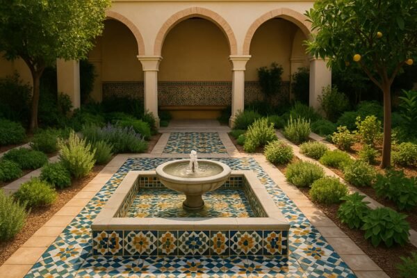 حديقة أندلسية بنافورة صغيرة وبلاط هندسي ملوّن