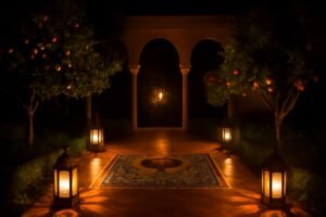حديقة أندلسية مضاءة بفوانيس تقليدية تمنح مظهرًا دافئًا