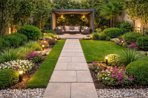 حديقة منزلية كويتية بتقسيم واضح وممر استقبال وجلسة مظللة