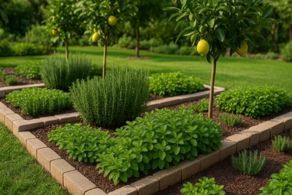 حديقة تحتوي على نباتات نعناع وروزماري وأشجار ليمون