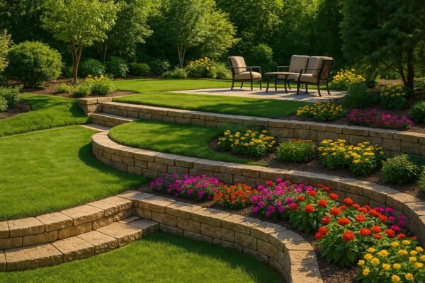 حديقة بمنسوب أرضي متدرج مع جلسة خارجية وزهور ملونة
