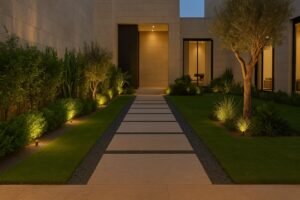 ممر حجري أنيق داخل حديقة في الشامية