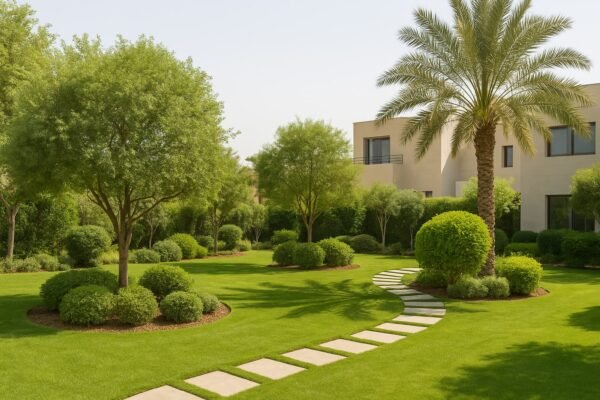 حديقة مقسمة طبيعياً بالأشجار والشجيرات