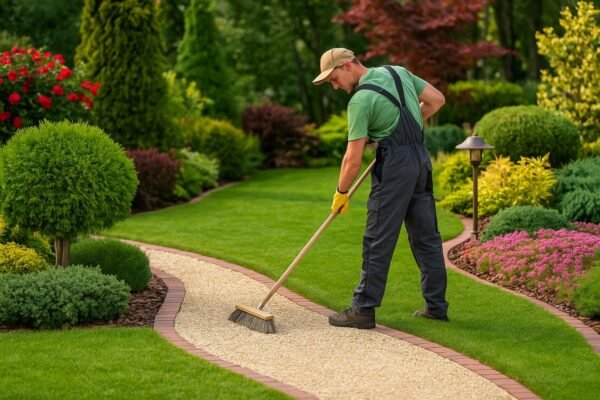 عامل ينظف ممرات حديقة جميلة بشكل احترافي
