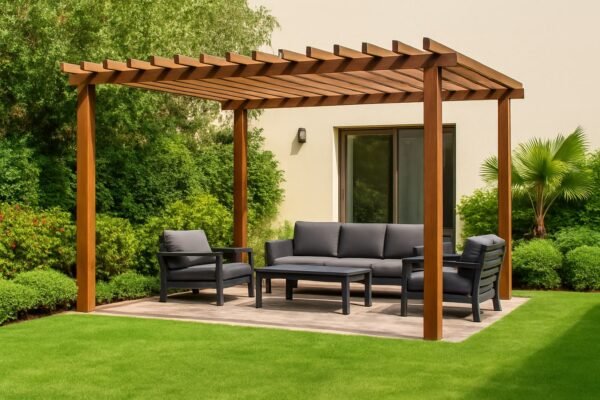 جلسة خارجية أنيقة تحت عريشة خشبية داخل حديقة منزلية بالكويت