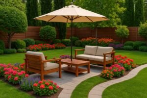 جلسة خارجية خشبية مع مظلة داخل حديقة في النزهة