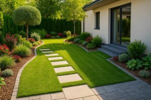 حديقة منزلية في النزهة بممرات حجرية ونباتات زينة