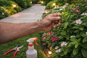 فحص أوراق شجيرات مزهرة في حديقة كويتية مع أدوات تقليم