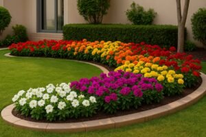 زهور موسمية منسقة في حديقة منزلية