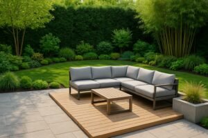 فناء حديث بجلسة مريحة ونباتات حوله