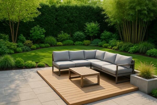 فناء حديث بجلسة مريحة ونباتات حوله