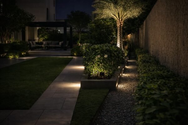 إنارة طبقية لممر حديقة فيلا بالكويت ليلاً