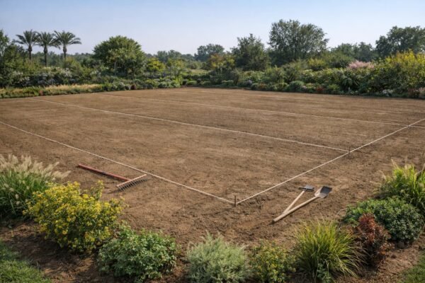 تجهيز تربة حديقة ناعمة قبل تركيب الثيل الطبيعي مع أدوات تسوية