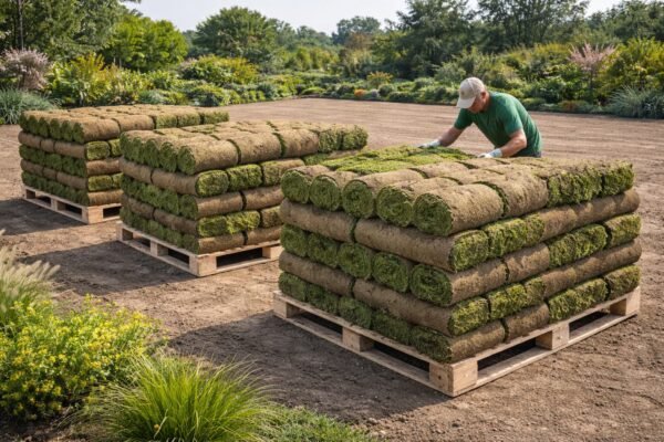 لفّات ثيل طبيعي متراصة على طبالي مع عامل يرتبها للتهوية