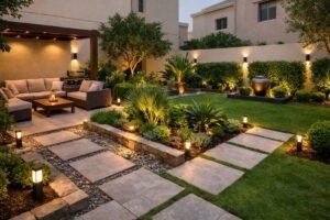 حديقة منزلية كويتية بتقسيم جلسة وممرات وزراعة