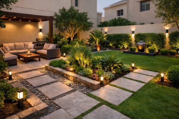 حديقة منزلية كويتية بتقسيم جلسة وممرات وزراعة