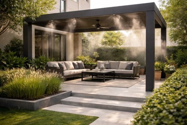 جلسة خارجية ببرجولة في فيلا بالكويت مع ضباب تبريد