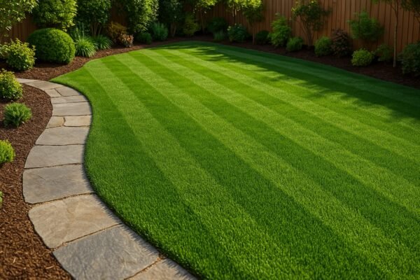 ثيل طبيعي كثيف بخطوط قص واضحة وممر حجر طبيعي