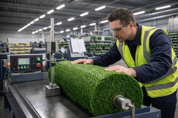 فحص جودة رول ثيل صناعي على منصة اختبار