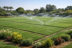 مزرعة ثيل طبيعي بخطوط تقسيم ورشاشات ري تعمل