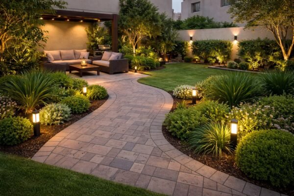 حديقة كويتية بممر بلاط متداخل وجلسة